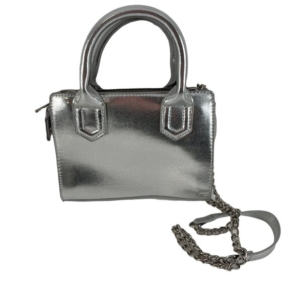 Metallic Silver Crossbody Purse Forever 21 Zippered Clsosure Handle Clutch - Picture 2 of 9